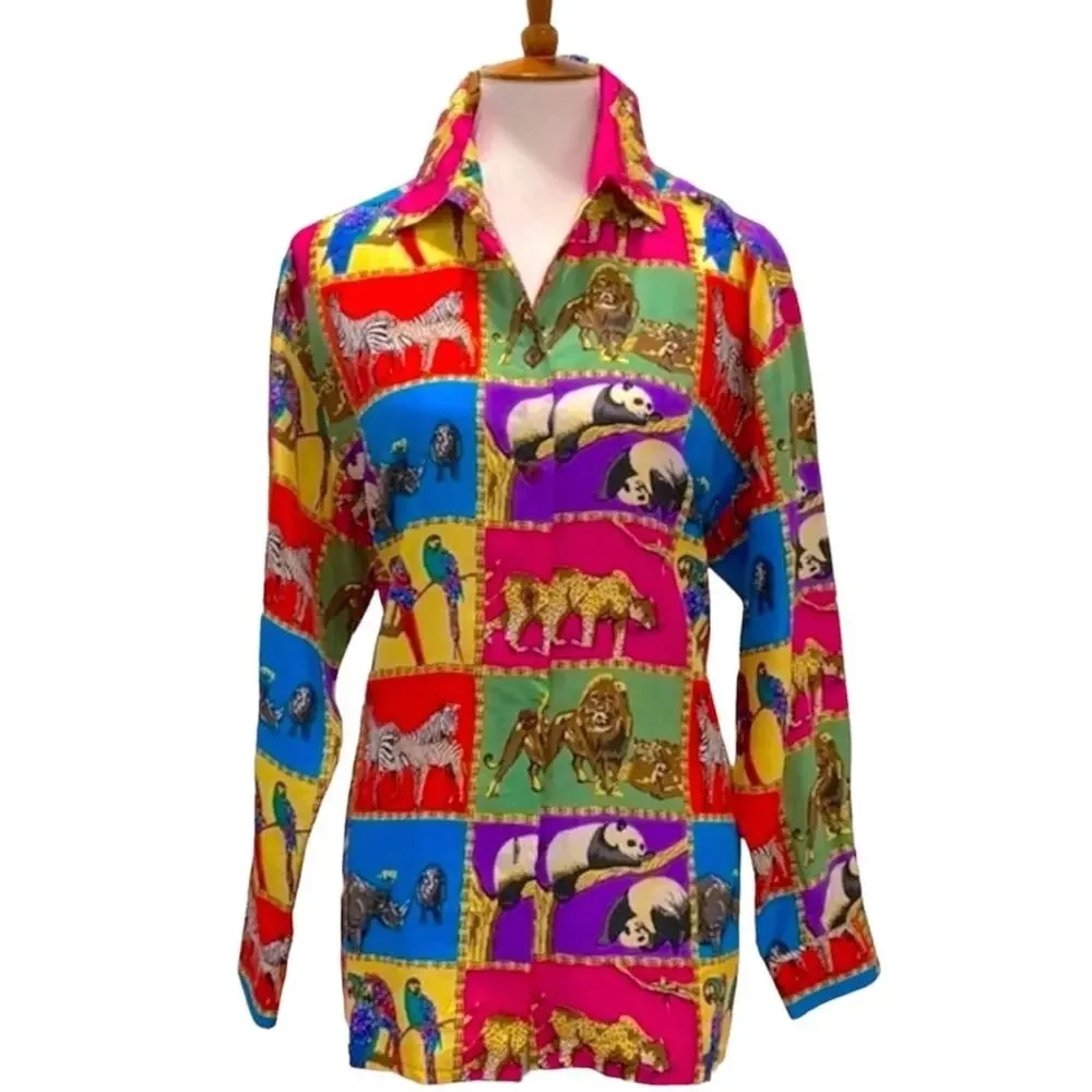 Vintage Womens Top Silk Medium Animal Lover Womens Button down 90s Shirt Medium - Picture 1 of 17